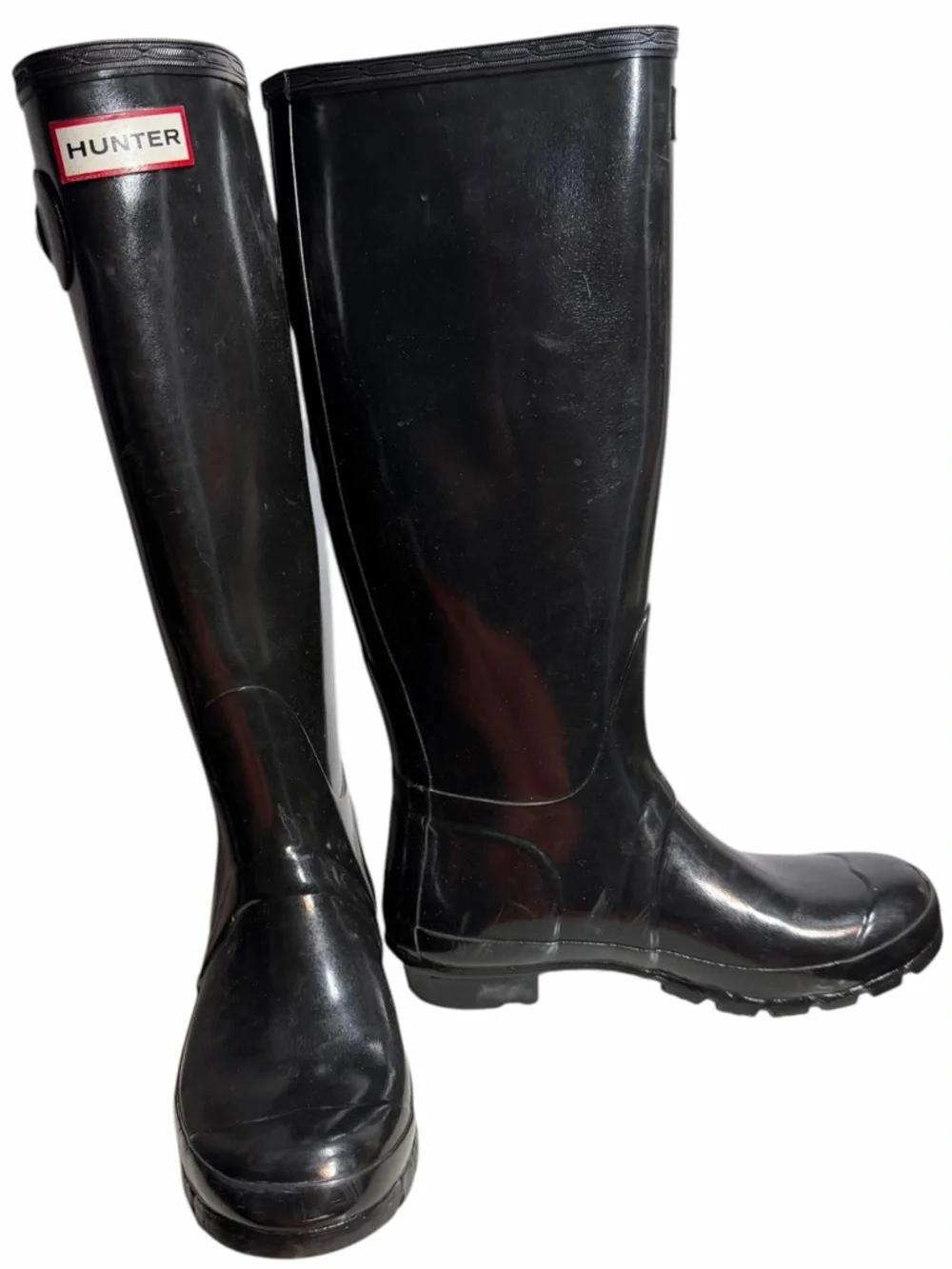 Hunter Gloss Black Knee-High Rain Boots with Side Buckle - Women’s Size 6